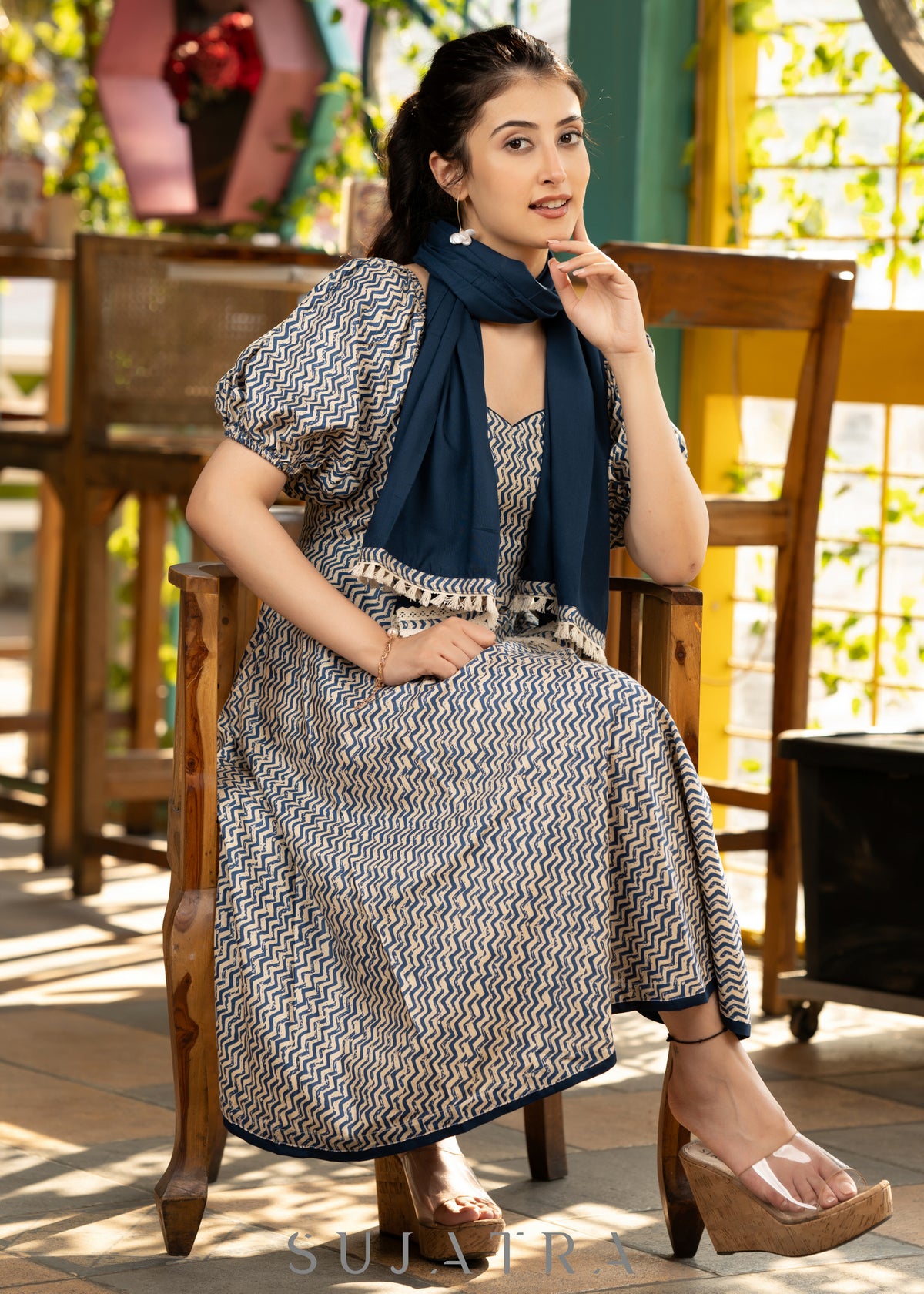 Dussehra Sale — Stylish navy blue striped rayon flared dress paired with matching stole