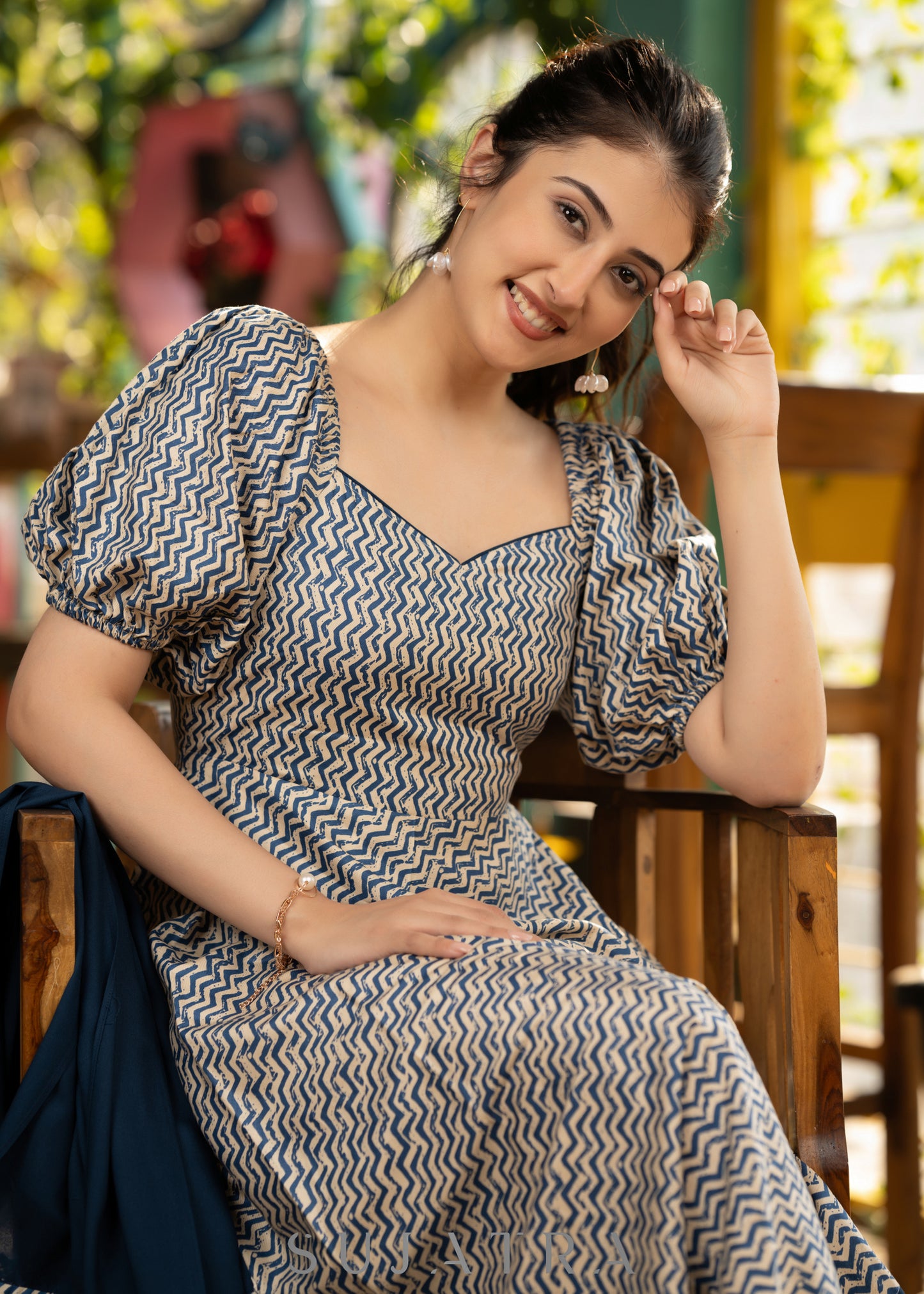 Stylish navy blue striped rayon flared dress paired with matching stole
