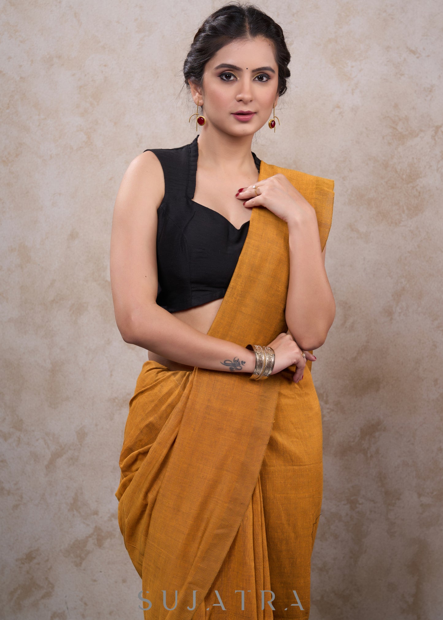 Classic black cotton silk sleeveless blouse - Optional Plain Saree