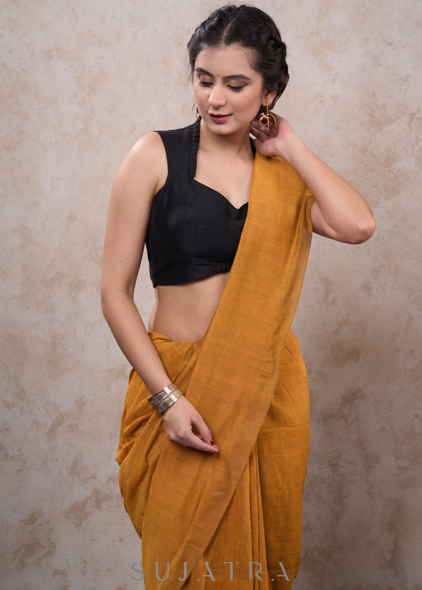 Classic black cotton silk sleeveless blouse - Optional Plain Saree