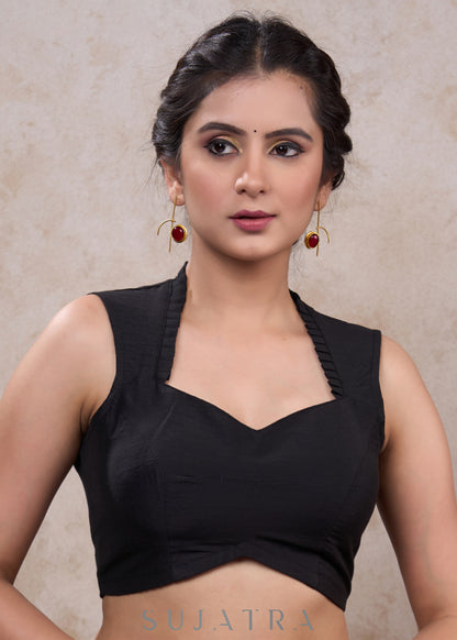 Classic black cotton silk sleeveless blouse - Optional Plain Saree