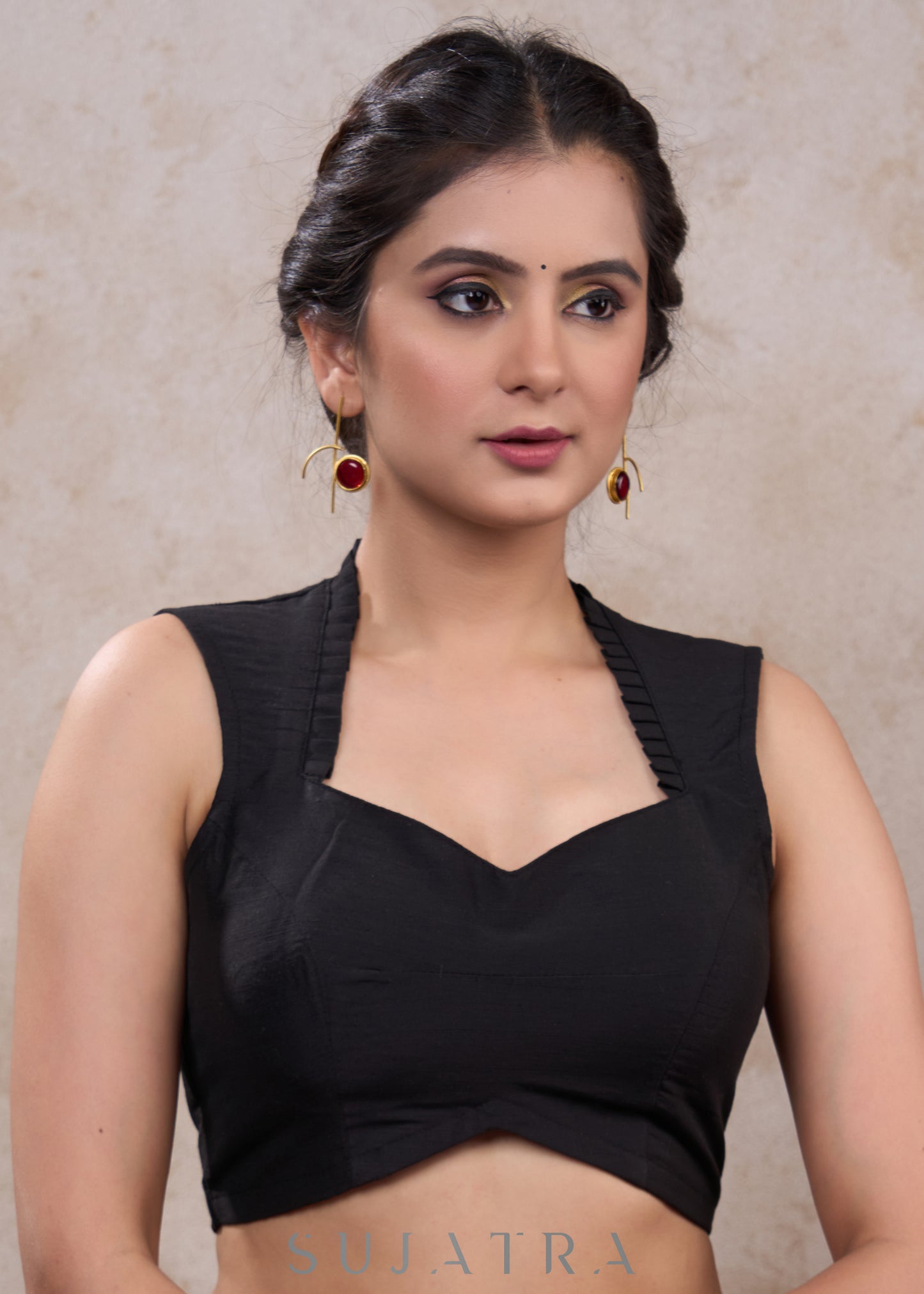 Classic black cotton silk sleeveless blouse - Optional Plain Saree