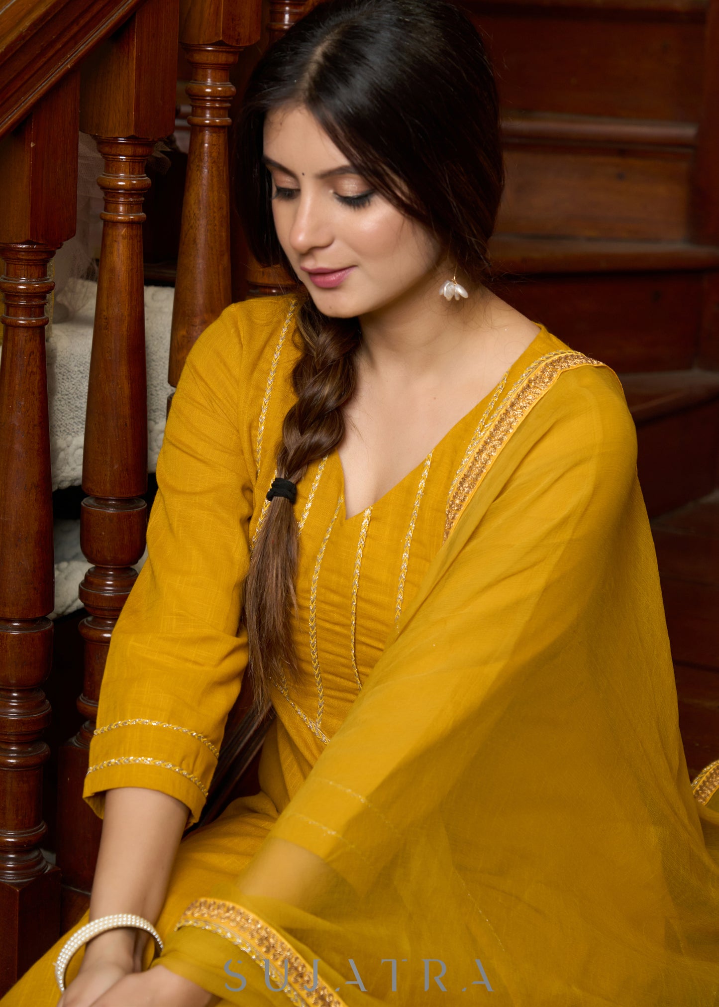 Graceful delicate mustard cotton kurta with a lace yoke and matching pants - Dupatta Optional