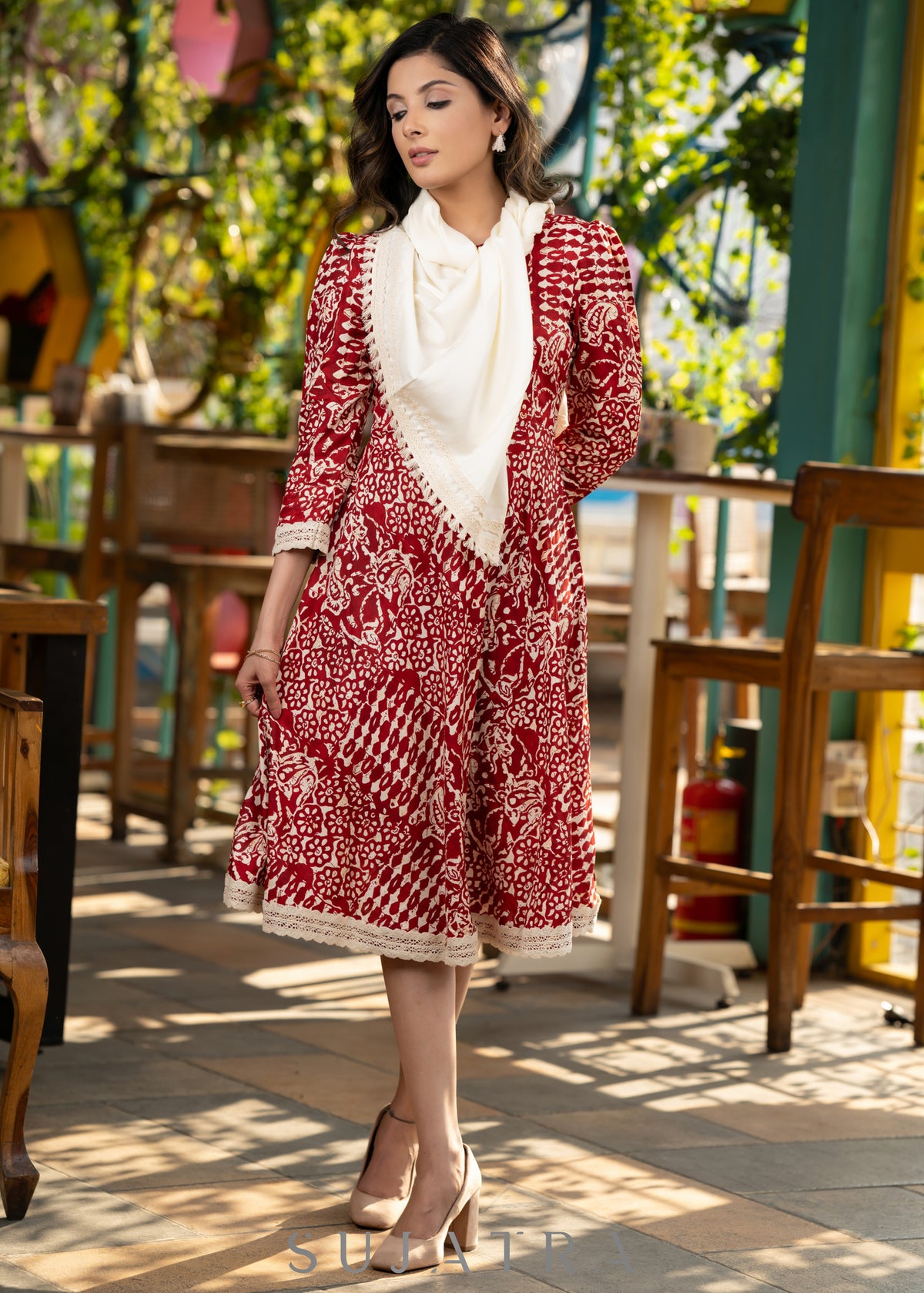Trendy red printed rayon flared dress with contrast stole - Dress + Dupatta Set