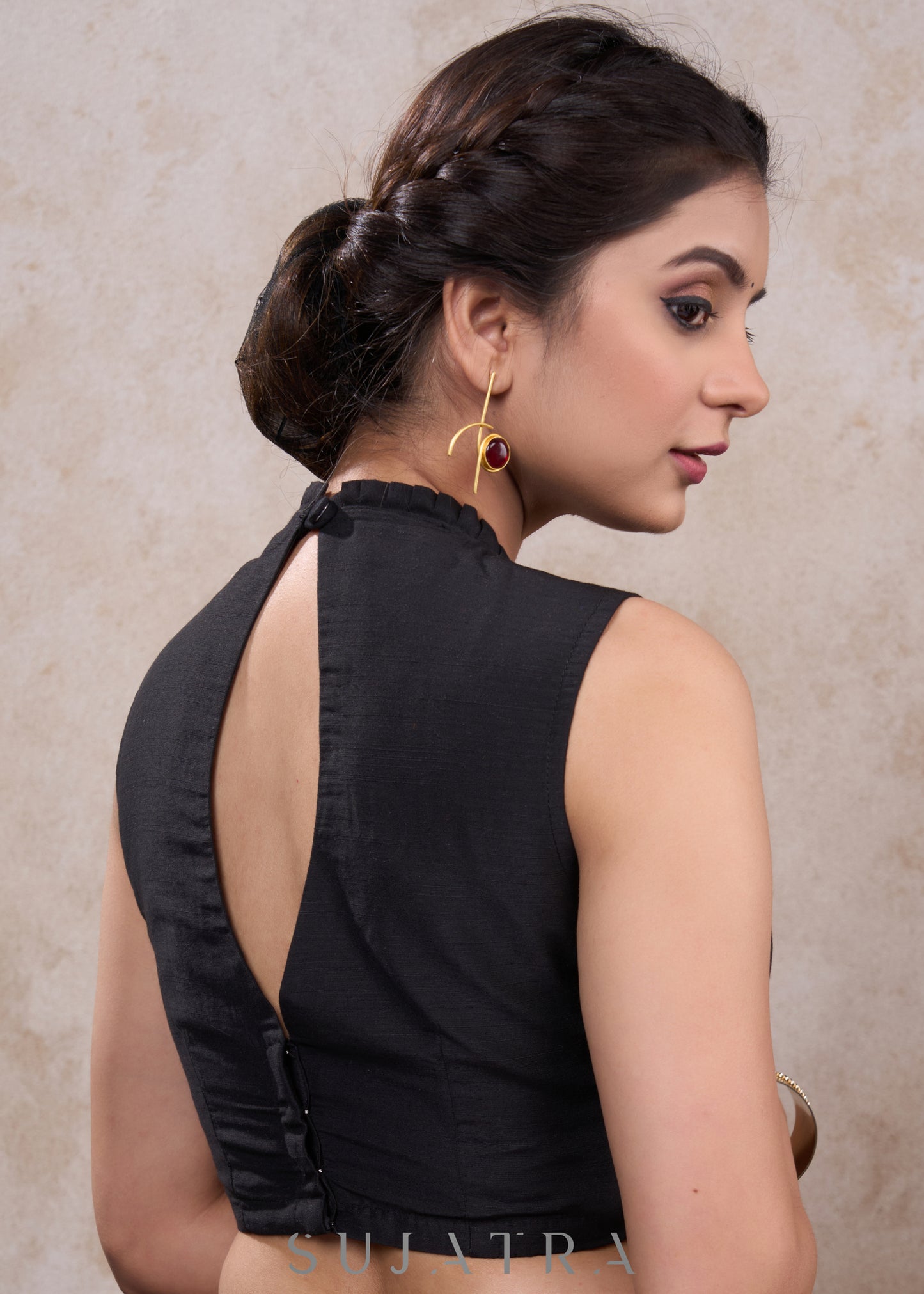 Classic black cotton silk sleeveless blouse - Optional Plain Saree