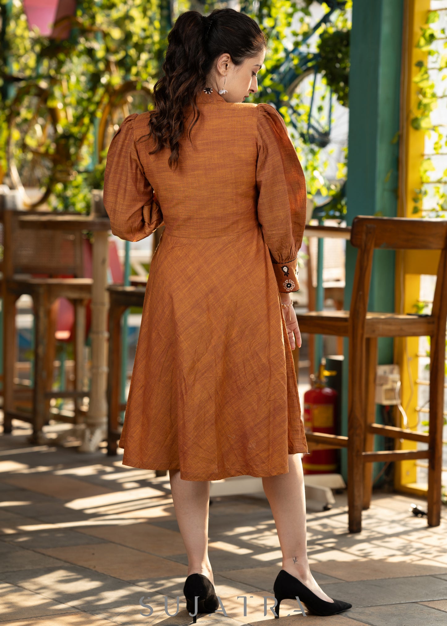 Exclusive rust brown cotton silk flared dress with embroidered notch collar