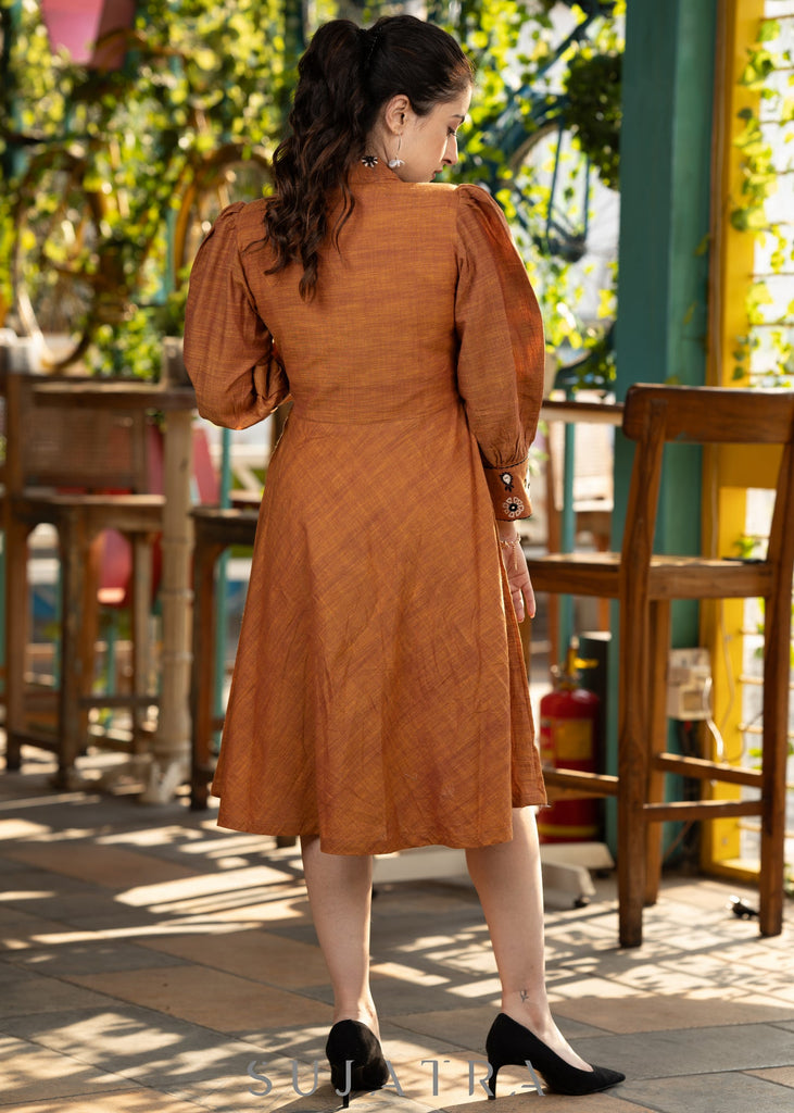 Exclusive rust brown cotton silk flared dress with embroidered notch collar