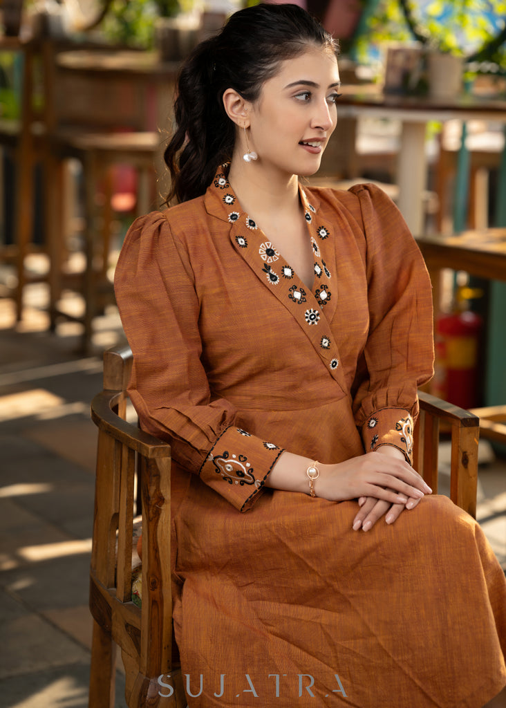 Exclusive rust brown cotton silk flared dress with embroidered notch collar