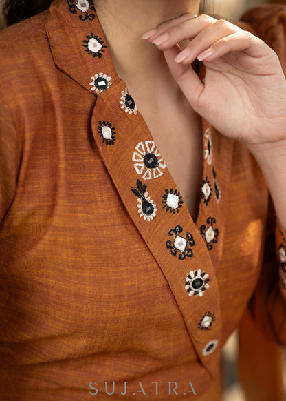 Exclusive rust brown cotton silk flared dress with embroidered notch collar