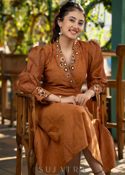 Exclusive rust brown cotton silk flared dress with embroidered notch collar