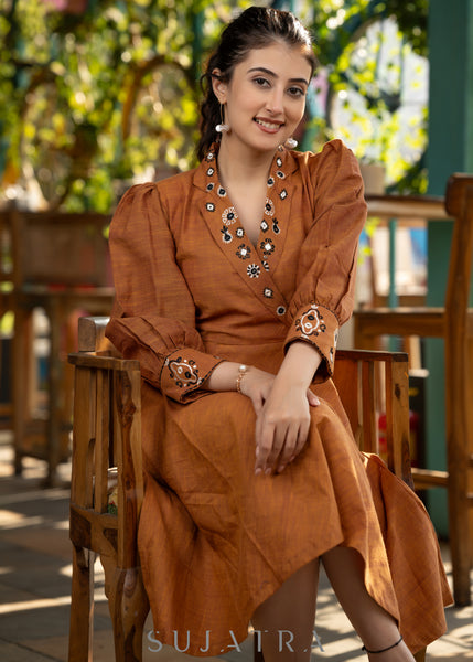 Exclusive rust brown cotton silk flared dress with embroidered notch collar