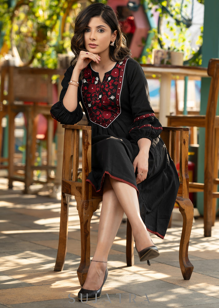 Elegant black cotton dress with beautiful embroidered yoke
