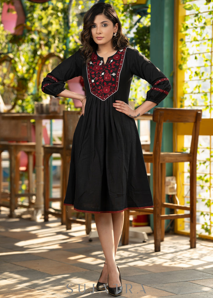Elegant black cotton dress with beautiful embroidered yoke
