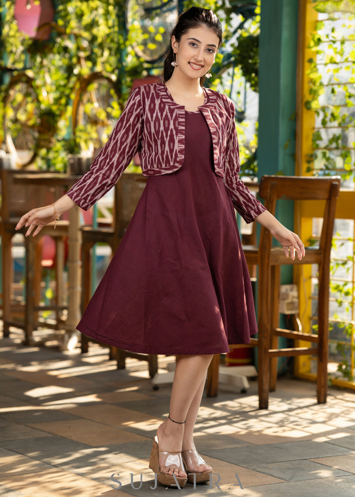 Trendy wine cotton flared dress paired with contrast ikat shrug