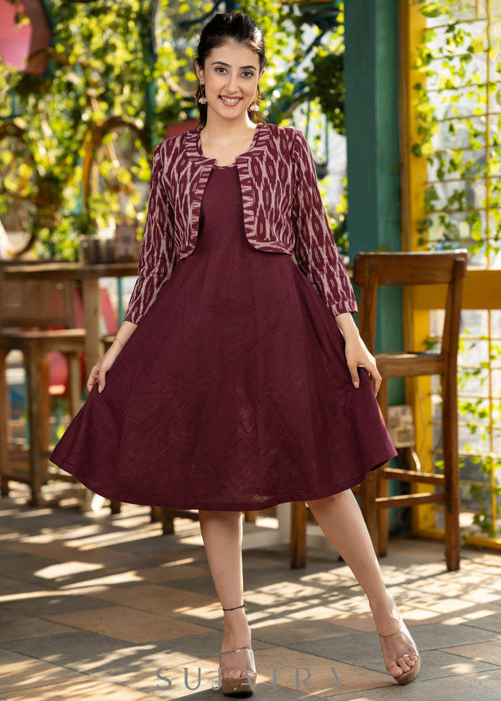 Trendy wine cotton flared dress paired with contrast ikat shrug