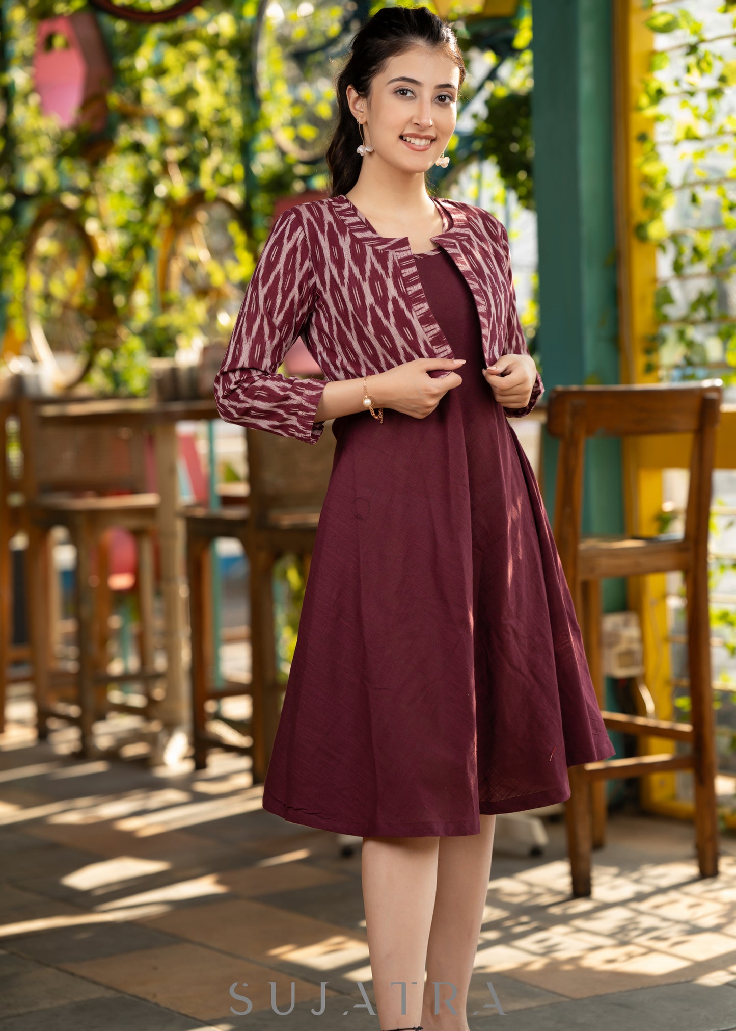 Plain Ctton Dress with ikat accents - Ikat jacket Optional