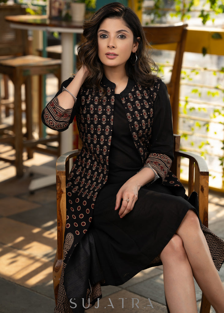 Elegant Black cotton dress with stylish ajrakh long shrug