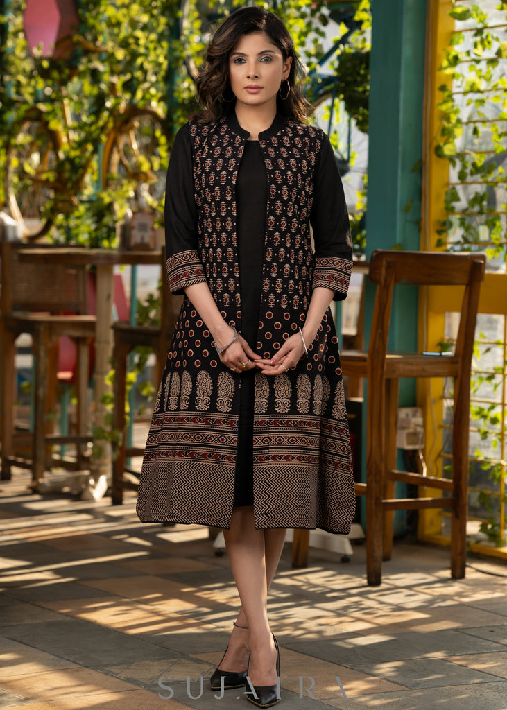 Elegant Black cotton dress with stylish ajrakh long shrug