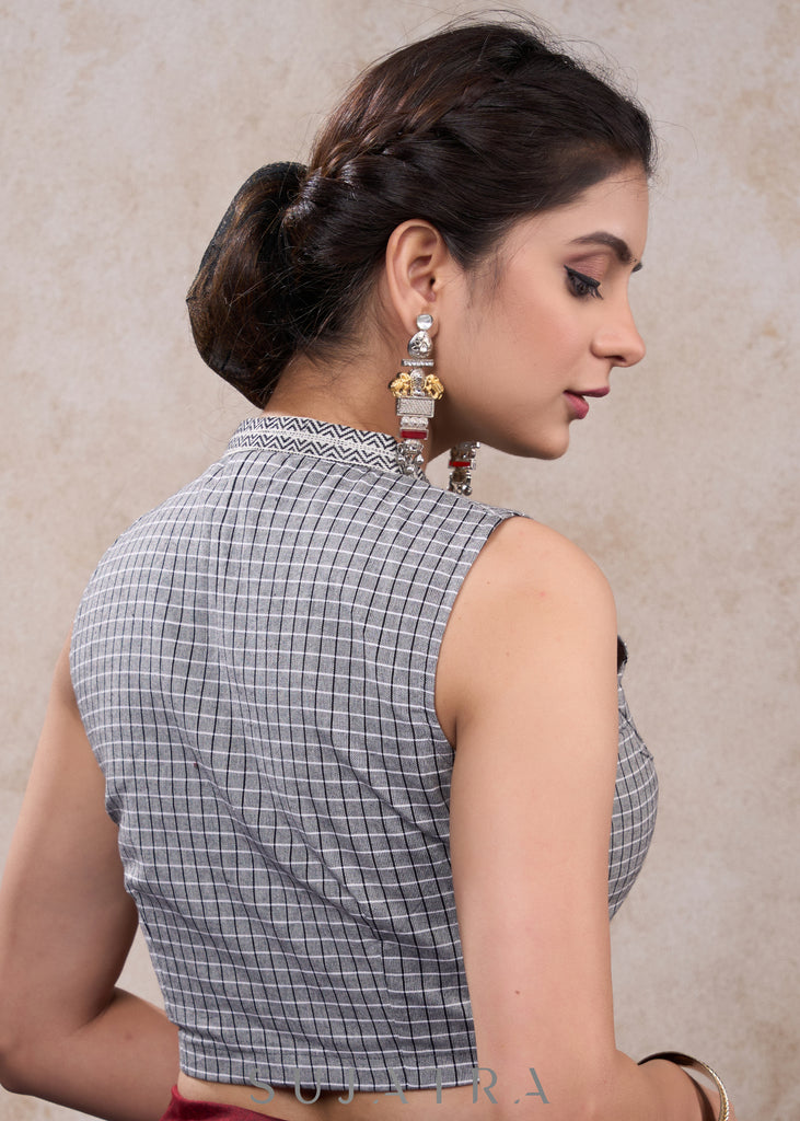 Stylish grey cotton checkered blouse with mandarin collar & ikat combination