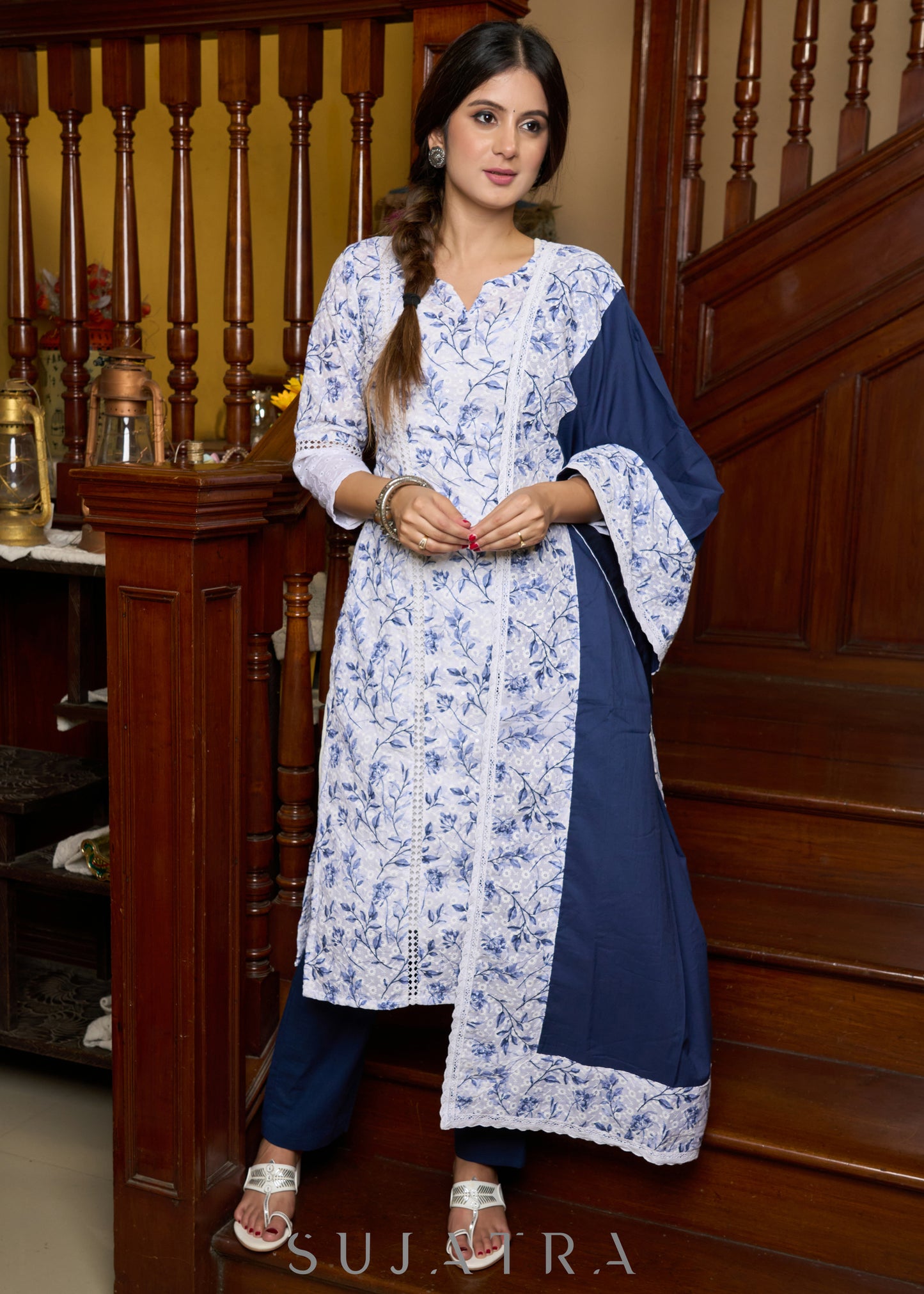 Elegant white Hakoba printed kurta, with delicate lace accents