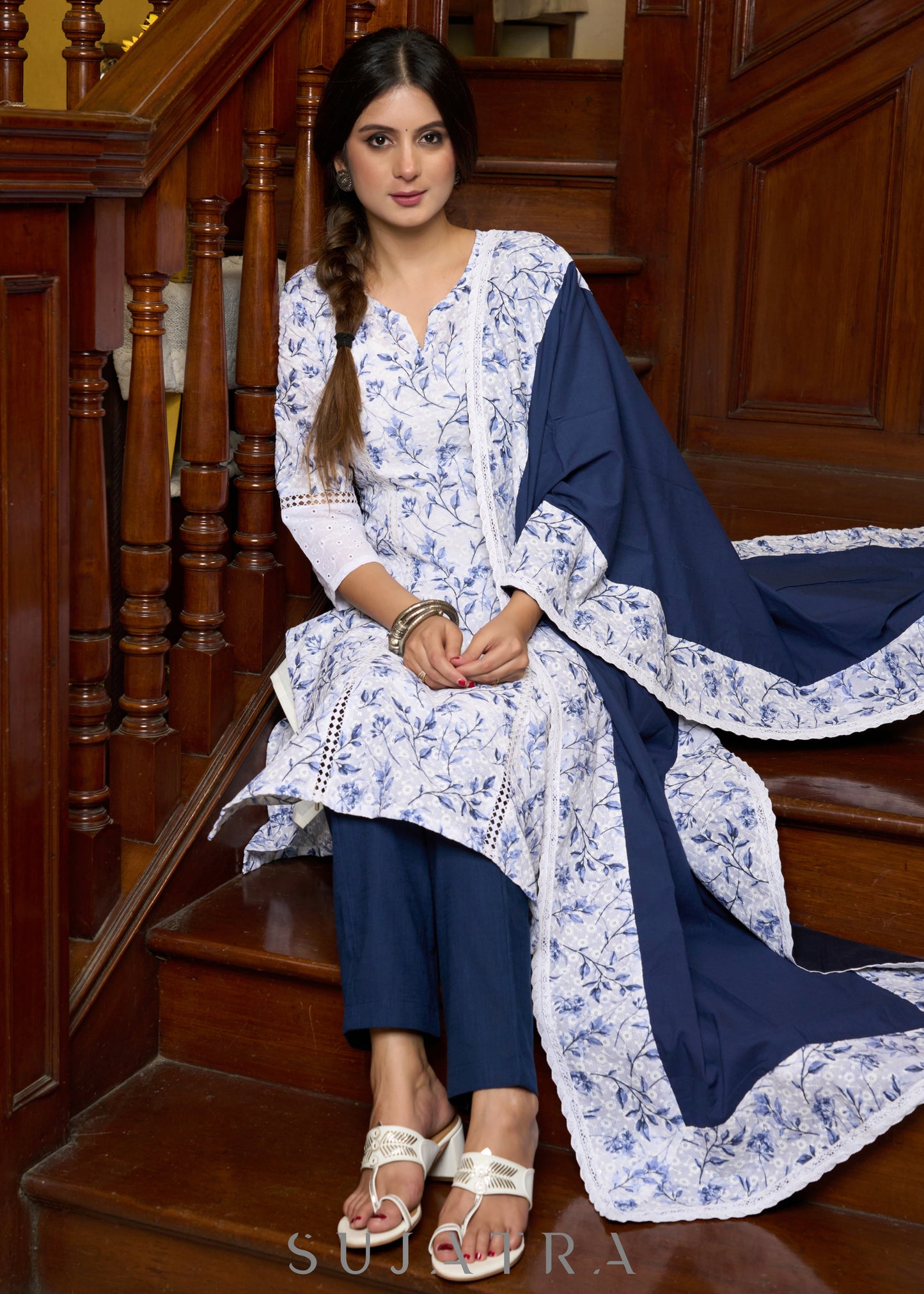 Elegant white Hakoba printed kurta, with delicate lace accents