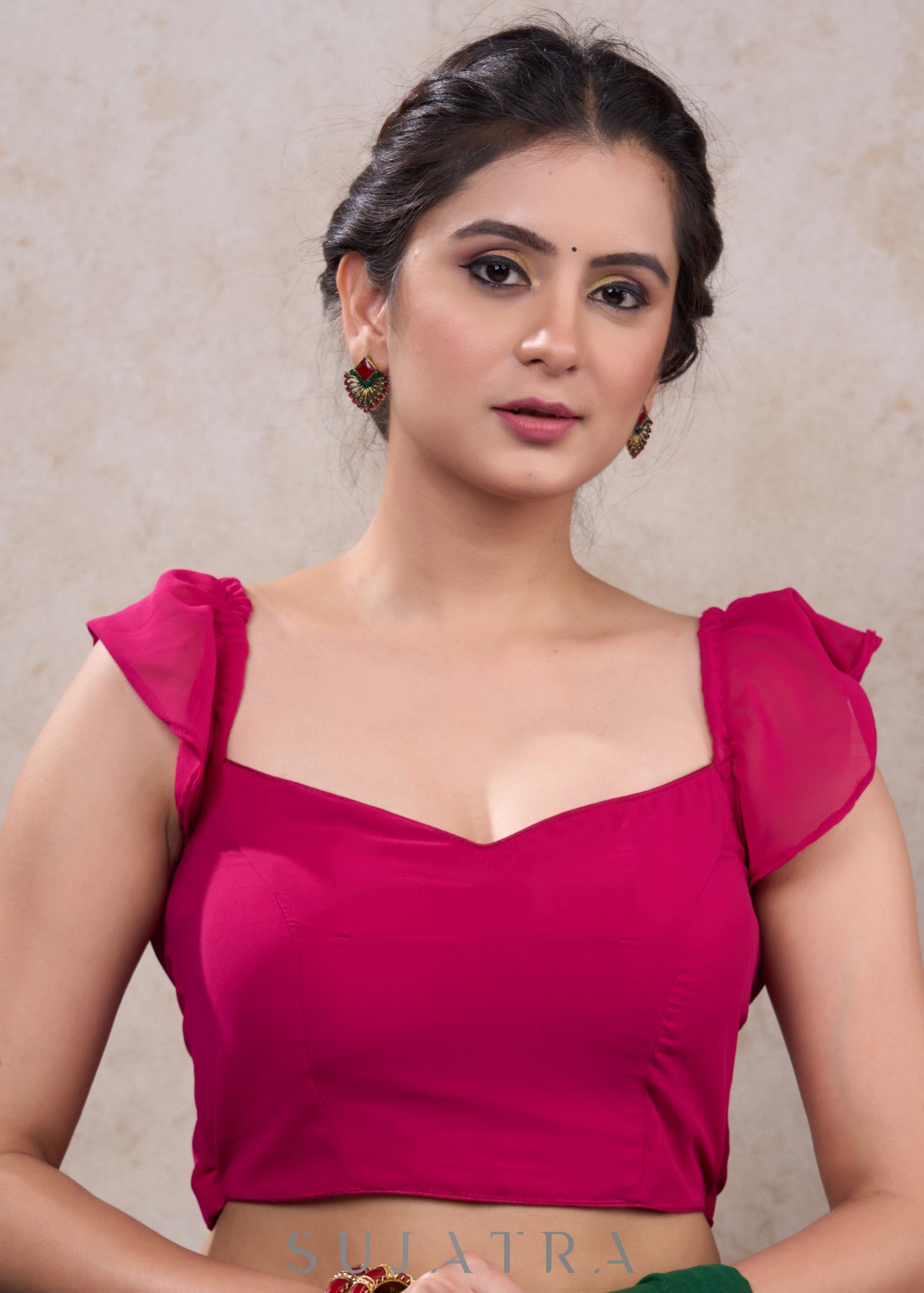 Stylish dark pink georgette blouse with frill sleeves