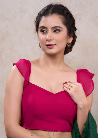 Stylish dark pink georgette blouse with frill sleeves