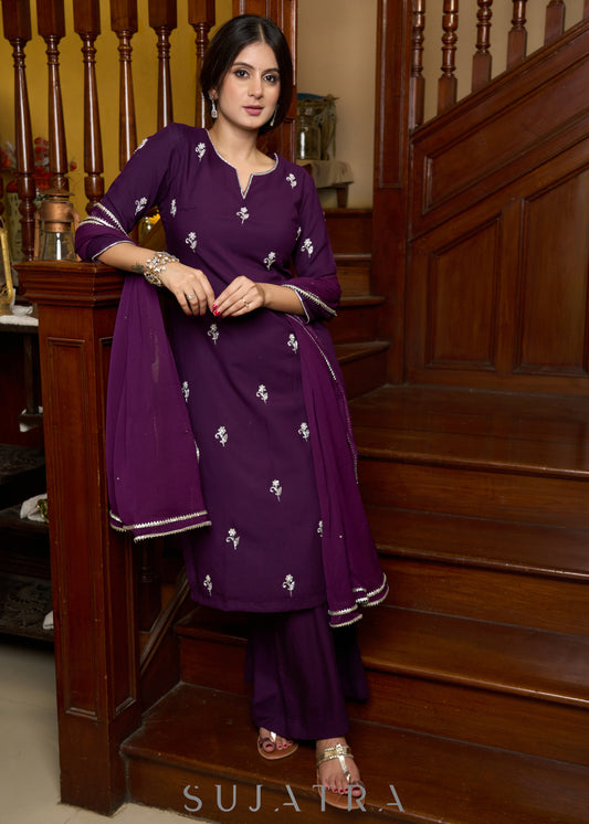 Exquisite flowy hand-embroidered purple rayon kurta