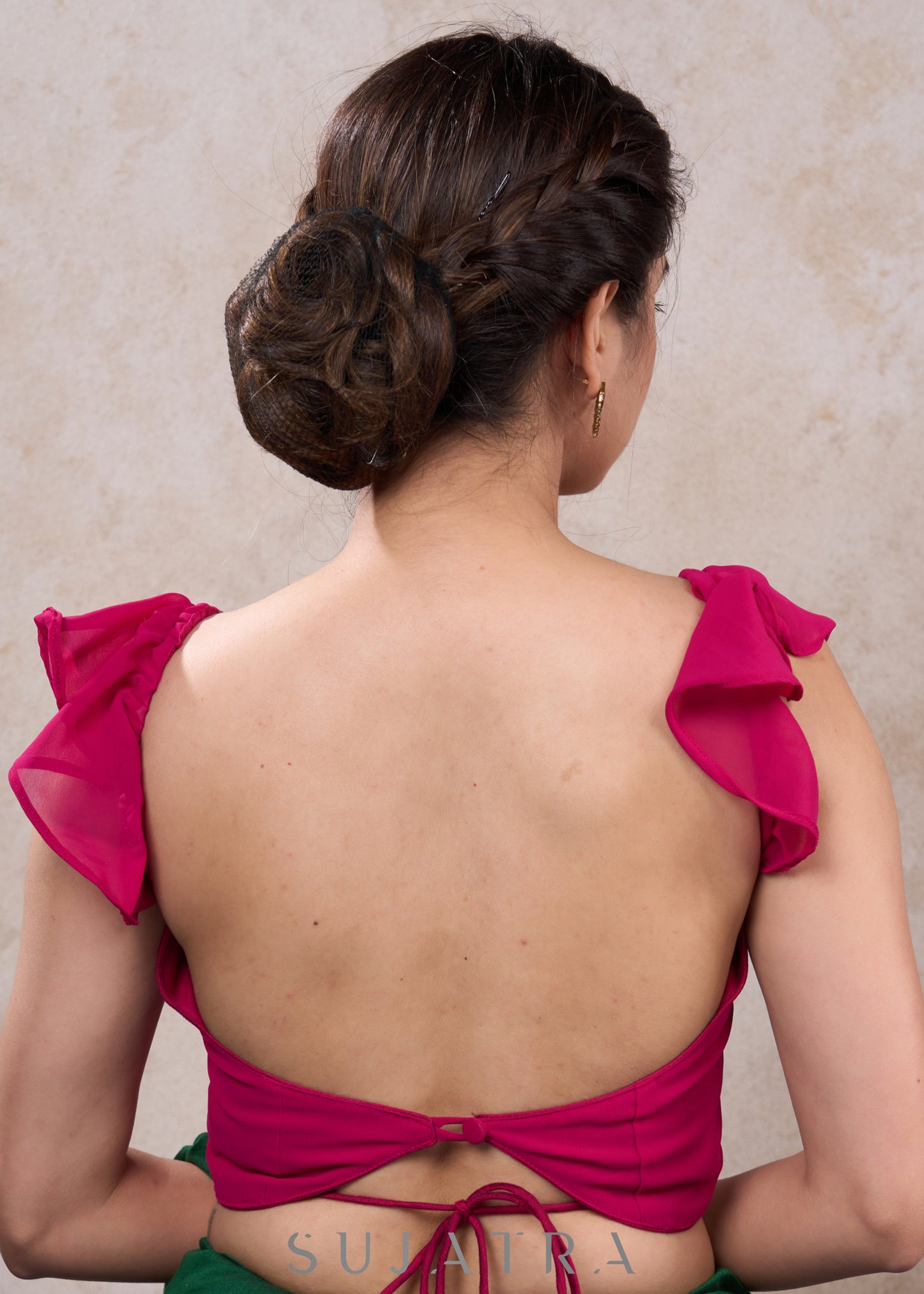 Stylish dark pink georgette blouse with frill sleeves