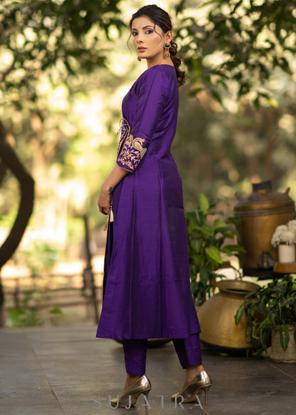 Purple Cotton silk asymmetric embroidered kurta - Pant optional