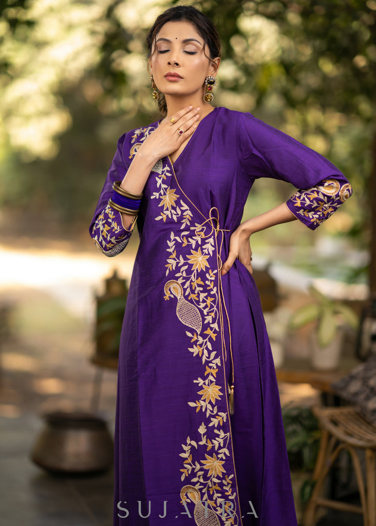 Purple Cotton silk asymmetric embroidered kurta - Pant optional