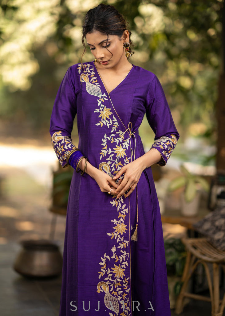 Purple Cotton silk asymmetric embroidered kurta - Pant optional