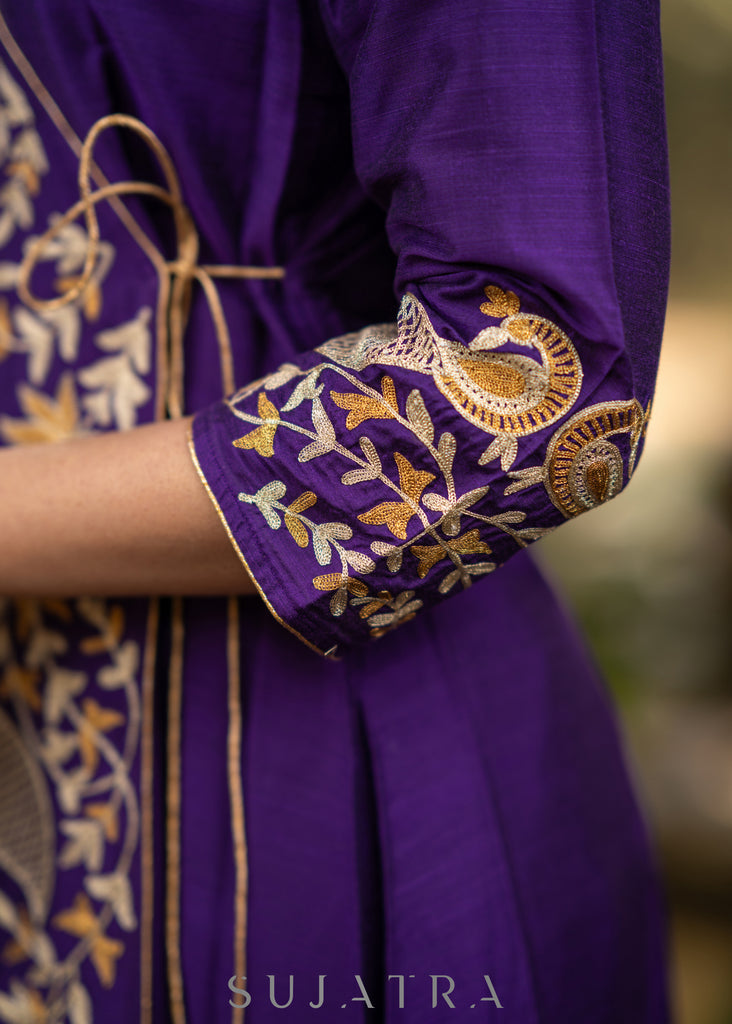 Purple Cotton silk asymmetric embroidered kurta - Pant optional
