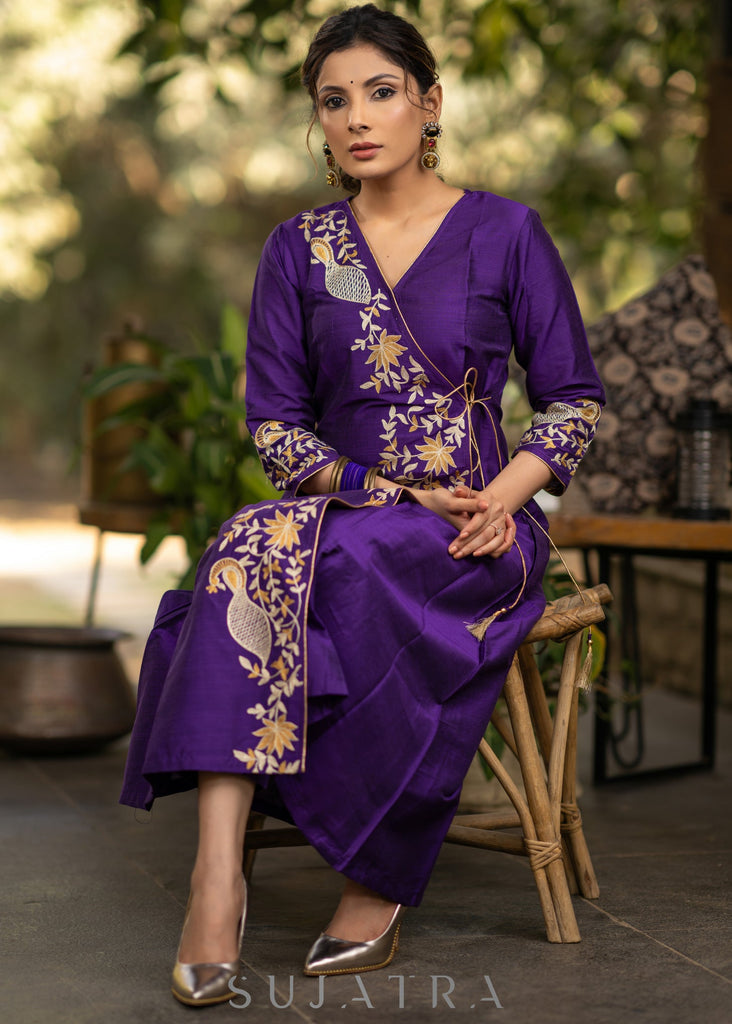 Purple Cotton silk asymmetric embroidered kurta - Pant optional