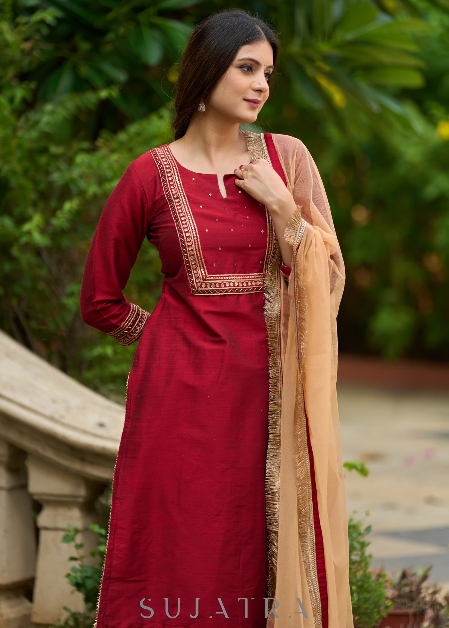Opulent maroon hand-embroidered silk blend kurta