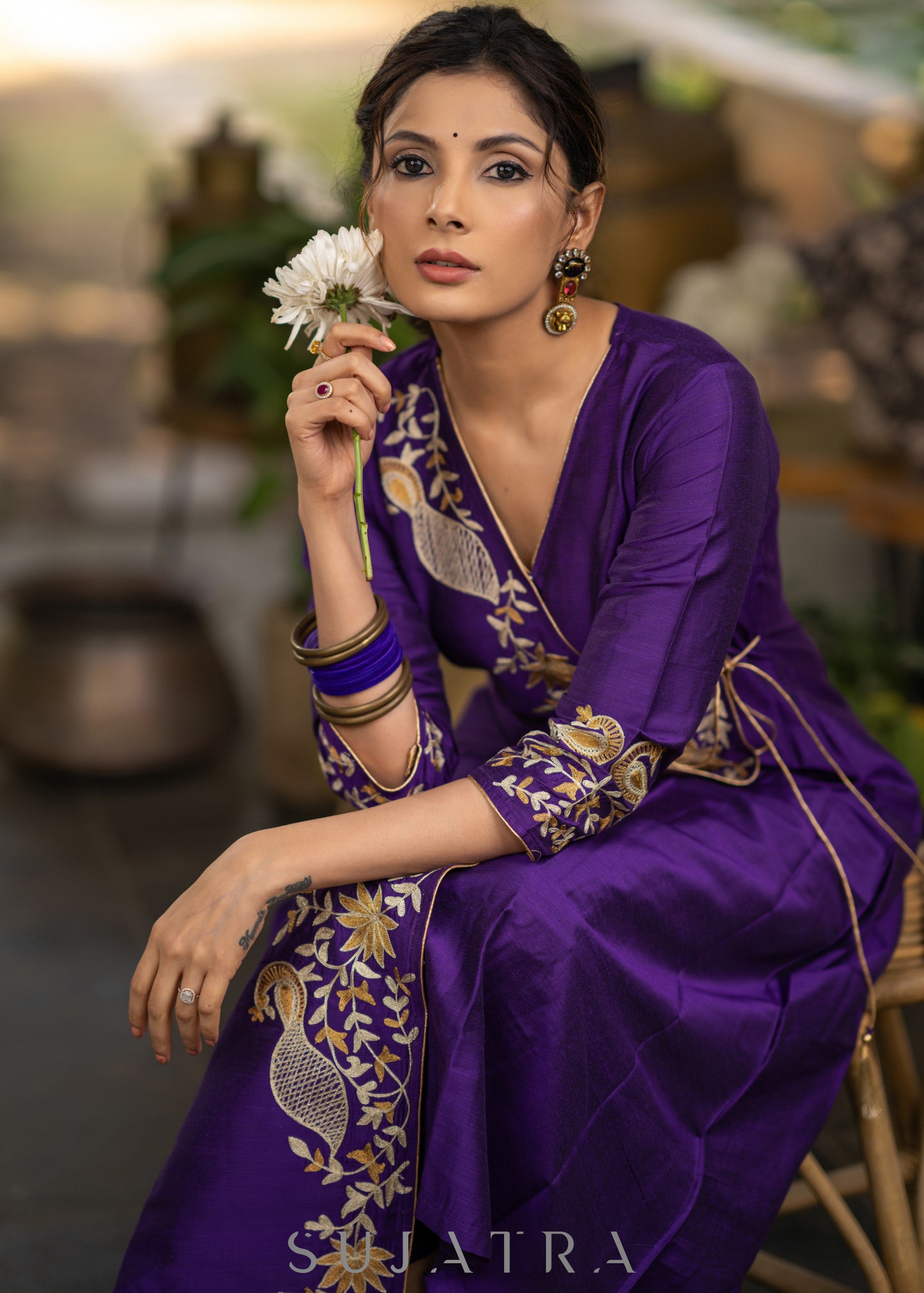 Purple Cotton silk asymmetric embroidered kurta - Pant optional