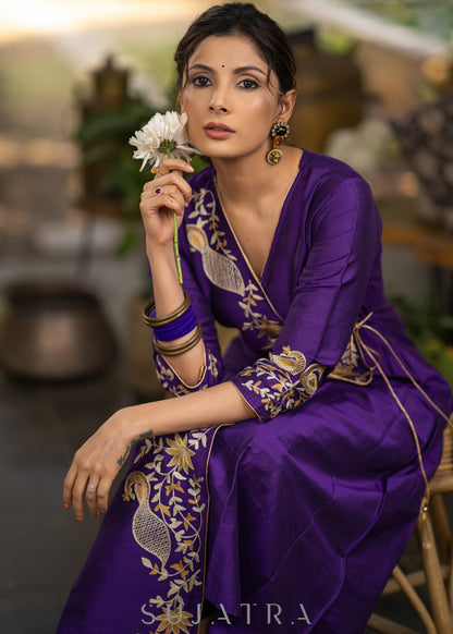 Purple Cotton silk asymmetric embroidered kurta - Pant optional