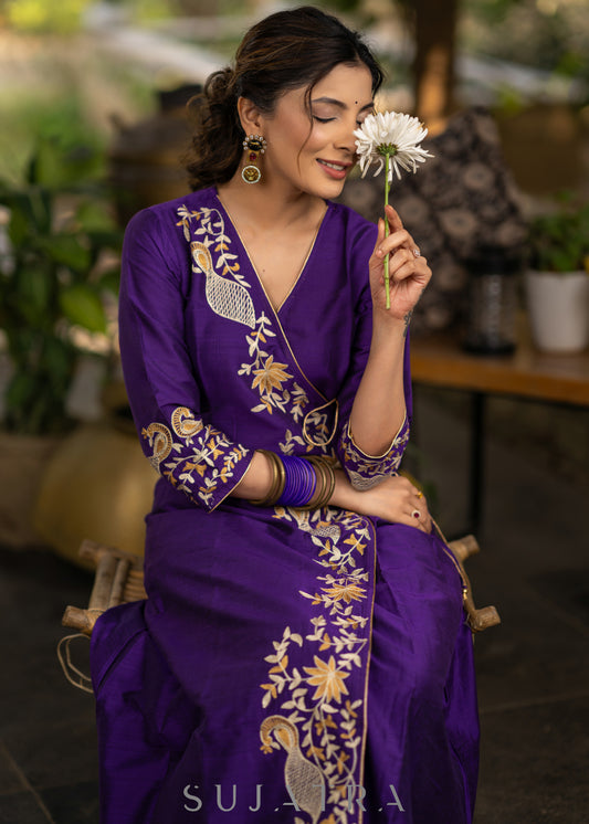 Purple Cotton silk asymmetric embroidered kurta - Pant optional