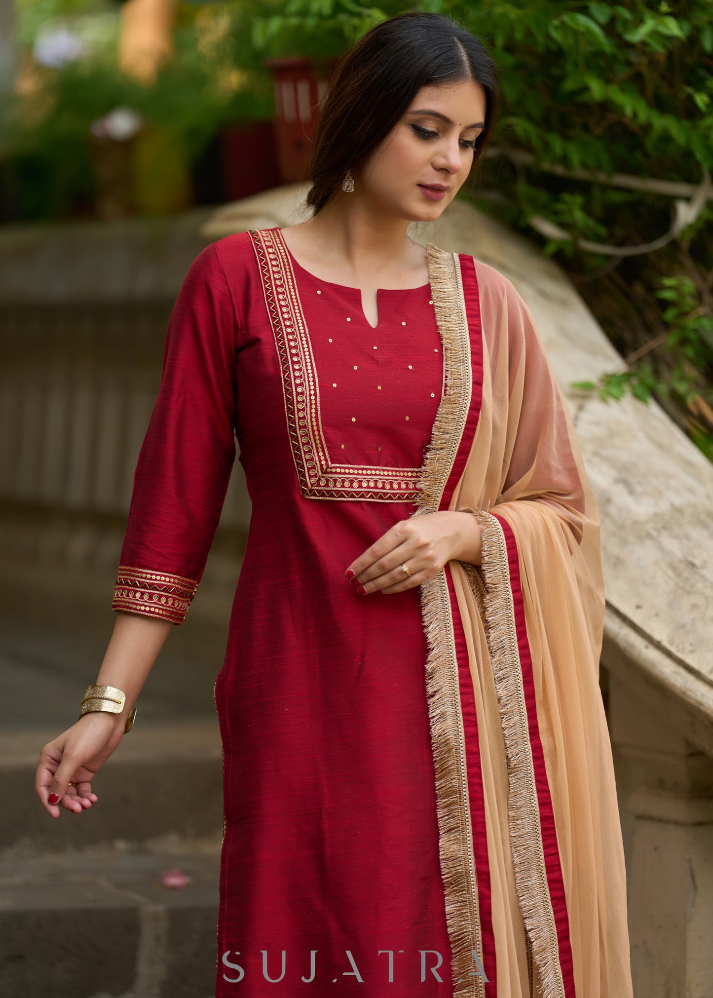 Opulent maroon hand-embroidered silk blend kurta