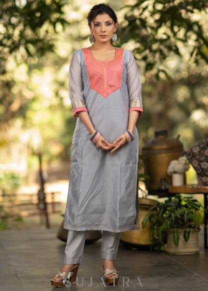 Grey chanderi kurta with Pink Zari work yoke