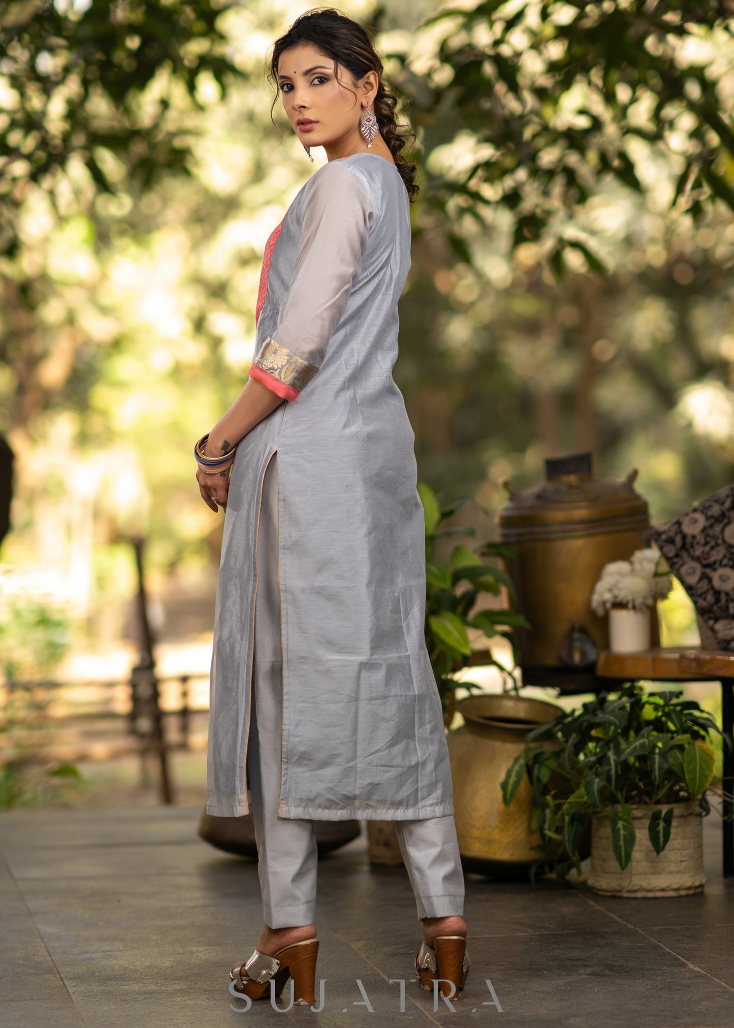 Grey chanderi kurta with Pink Zari work yoke
