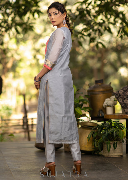 Grey chanderi kurta with Pink Zari work yoke