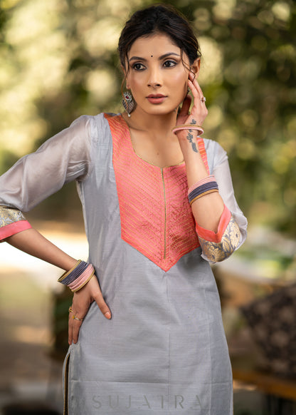 Grey chanderi kurta with Pink Zari work yoke