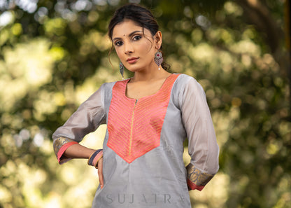 Grey chanderi kurta with Pink Zari work yoke