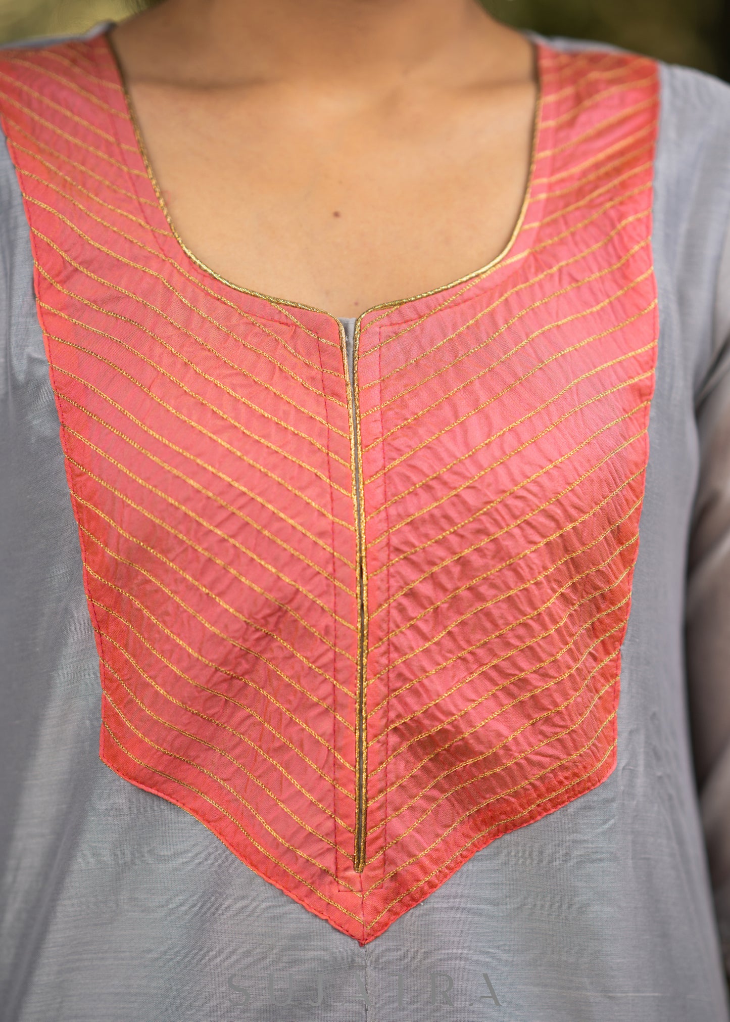 Grey chanderi kurta with Pink Zari work yoke
