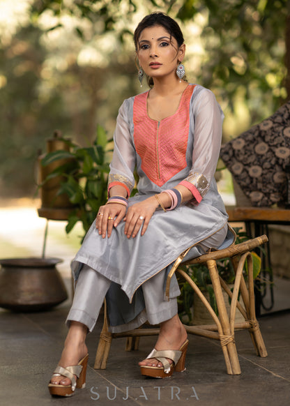 Grey chanderi kurta with Pink Zari work yoke