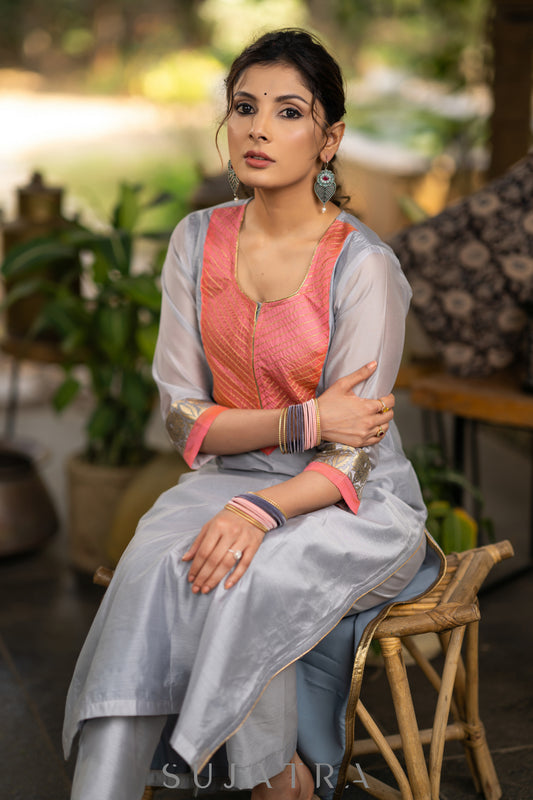 Grey chanderi kurta with Pink Zari work yoke