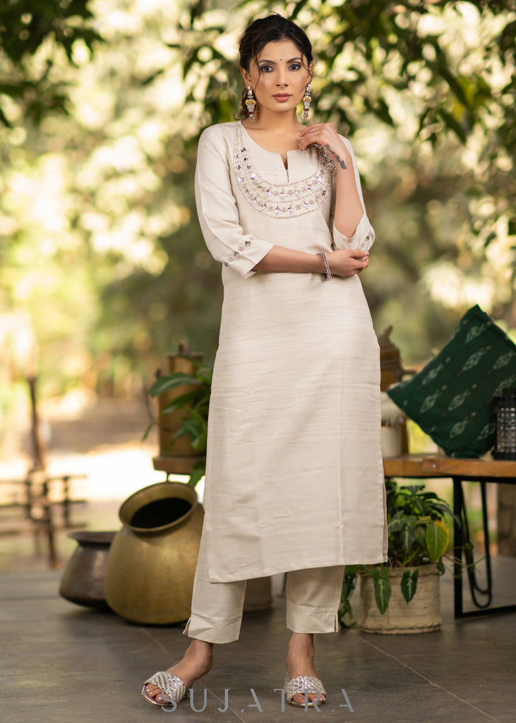 Handloom cotton kurta with stone embellished yoke - Pant optional
