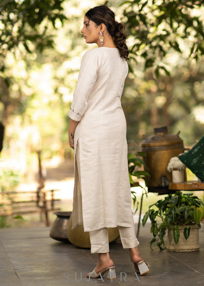 Handloom cotton kurta with stone embellished yoke - Pant optional