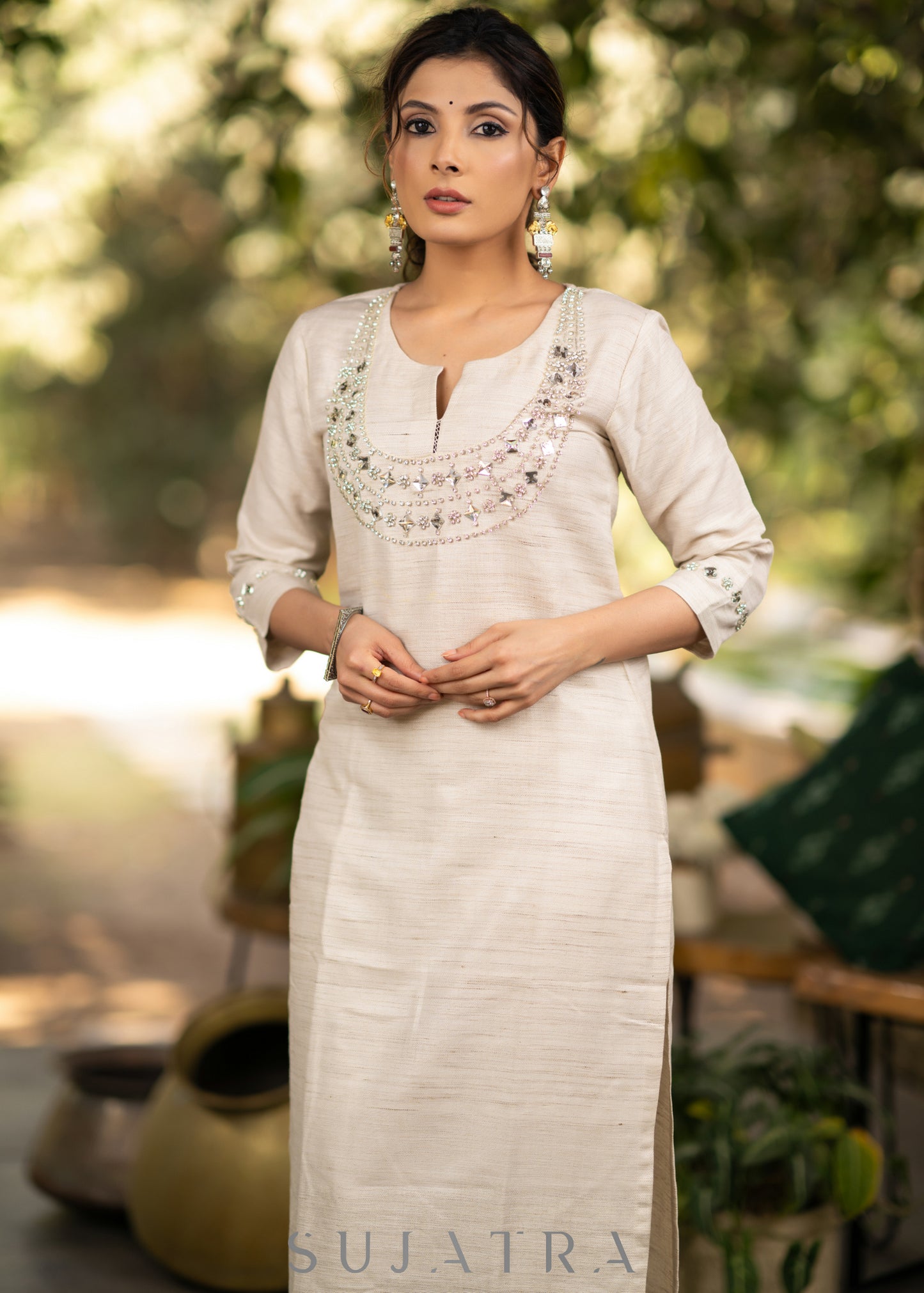 Handloom cotton kurta with stone embellished yoke - Pant optional